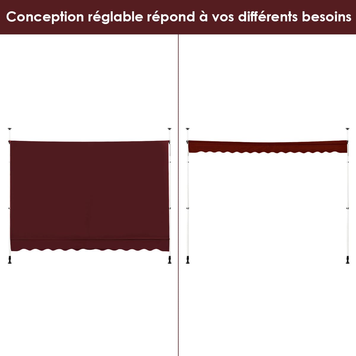 RELAX4LIFE Store Banne Manuel sans Perçage, Auvent Balcon Rétractable avec Manivelle, Tissu Oxford Anti-UV Imperméable, Hauteur Réglable 2-3 M, Store Banne pour Porte Fenêtre (Bordeaux,300 X 125 cm)