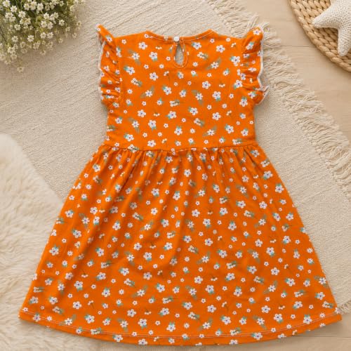 Image of Girls Ruffle Sleeve Floral Print Frock, Fit & Flare Knee-Length, 100% Cotton Kids Casual Dress [2 to 8 Years]