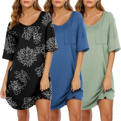 Image of Ekouaer Nightgowns for Women 3 Pack Sleepshirt Short Sleeve Nightshirt V Neck Sleepdress Oversized Sleepwear