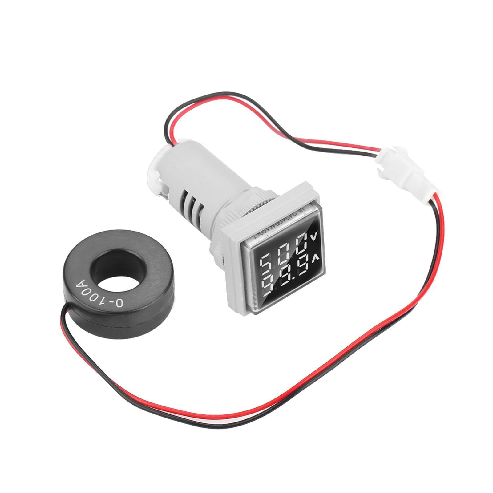 Klanata Square 22mm Dual LED Display Voltmeter Ammeter, AC 0-100A Current Detector and 60-500V Voltage Tester Meter Indicator (White)