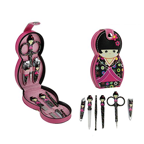Greenery Cute Russian Doll Pattern Stainless Steel Personal Manicure Pedicure Set with Professional Leather Pouch Case(E