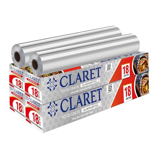 Image of Claret Food Grade Aluminium Foil Roll | 18 Meter | Kitchen Foil for Wrapping Roti Snacks Tiffin | Durable and Hygienic Foil Paper (Pack of 4)
