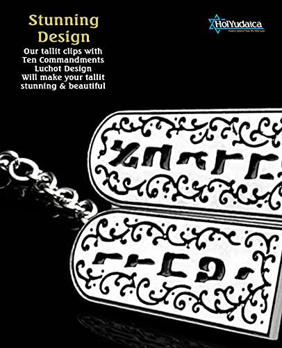 Image of Clips for Tallit Prayer Shawl, Made in Israel, Silver & Black Color wirh a Ten Commandments Luchot Design, 3CM / 3.5CM (3CM /3.5CM Each)