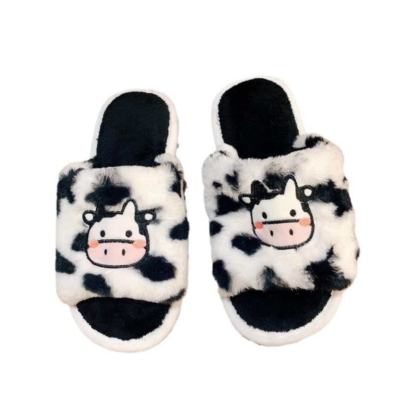 Loizziuy Cartoon Cow Embroidered Fuzzy Bedroom Slippers Sandals for Vacation Casual Womens Girls
