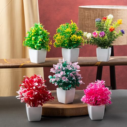 Image of JH Gallery Artificial Potted Plants for Home Decor - Realistic Faux Plant Pots for Home Decor, Living Room, Indoor, Office, Desk, Shelf, Table Decoration. (Pack of 6)