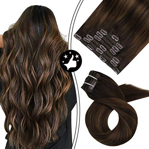 Moresoo Brown Balayage Clip in Hair Extensions 22 Inch Ombre Hair Extensions Color #2 Dark Brown to #6 Chestnut Brown 7PCS 120Grams Dark Brown Extensions Human Hair Clip ins