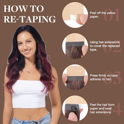 Image of GOO GOO Tape in Hair Extensions Human Hair, 1 /99 Balayage Jet Black to Red, 16inch 50g 20pcs, Thick Ends Straight Seamless Tape in, Invisible Tape in Hair Extensions Human Hair