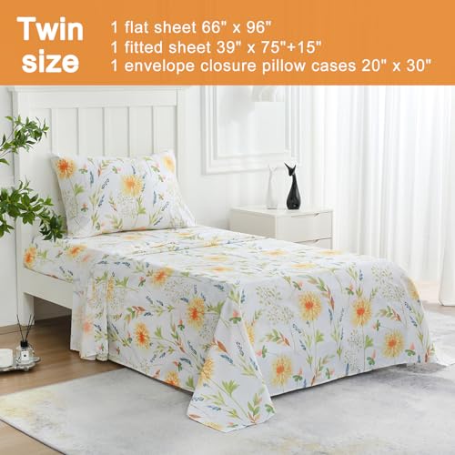 Image of JSD Boho Floral Printed Twin Sheet Set Extra Deep Pocket | 3 Piece Soft Botanical Microfiber Sheets, OEKO-TEX Certified, Easy Care
