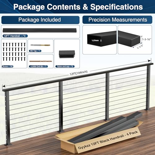 Image of 12FT Black Cable Railing Handrail 4 Pack Rectangular Cuttable Stainless Steel T304 Handrail for Cable Railing System Flat Top Rail Deck Stair Indoor Outdoor Length Adjustable