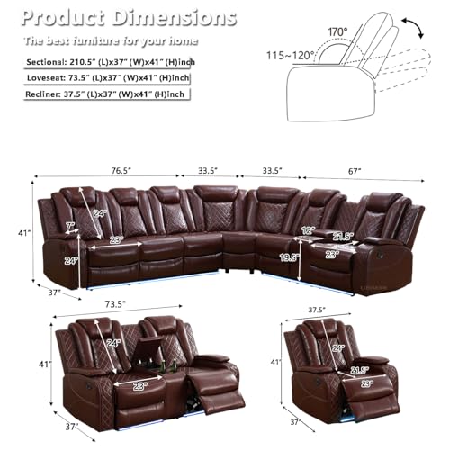 Image of Leather Power Reclining Sectional Sofa Set with LED Light,L Shaped Sofa Leather Sectional Set with 5 Recliner Seats,Modular Couch and Loveseat with USB Port,Cup Holder for Living Room Furniture