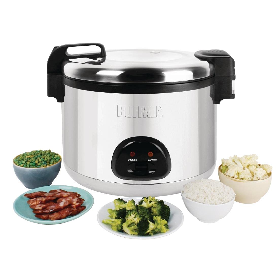 Buffalo Grand cuiseur à riz haut de gamme 9 litres 2,85 kW, économie d'énergie, acier inoxydable, capacité de riz : 20 litres cuit/9 litres sec, passage automatique de cuire à chaud, CK698