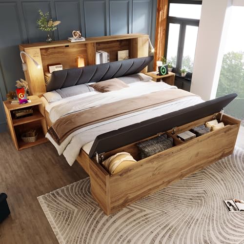 Sapgaks Lit 160×200 avec sommier à Lattes avec Port USB,Lit Double 160×200 cm avec tête de lit Rabattable revêtue,lit Coffre 160×200 avec Deux Tables de...