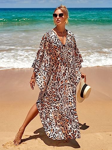 Image of sunforyou Kaftan Dresses for Women Plus Size Lightweight Swimsuit Cover up Batwing Sleeve Print Loungewear Beach Robe