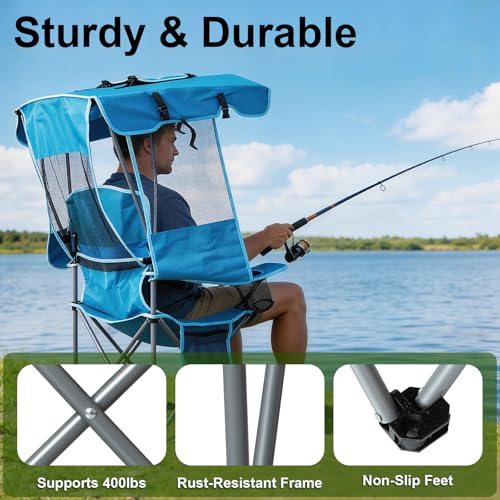 Image of Romswi Large Folding Canopy Camping Chairs for Adult 2 Pack, Portable Outdoor Chairs with Sunshade,Cup Holder & Side Pocket for Camping, Fishing, Beach, Backyard, Sea Blue