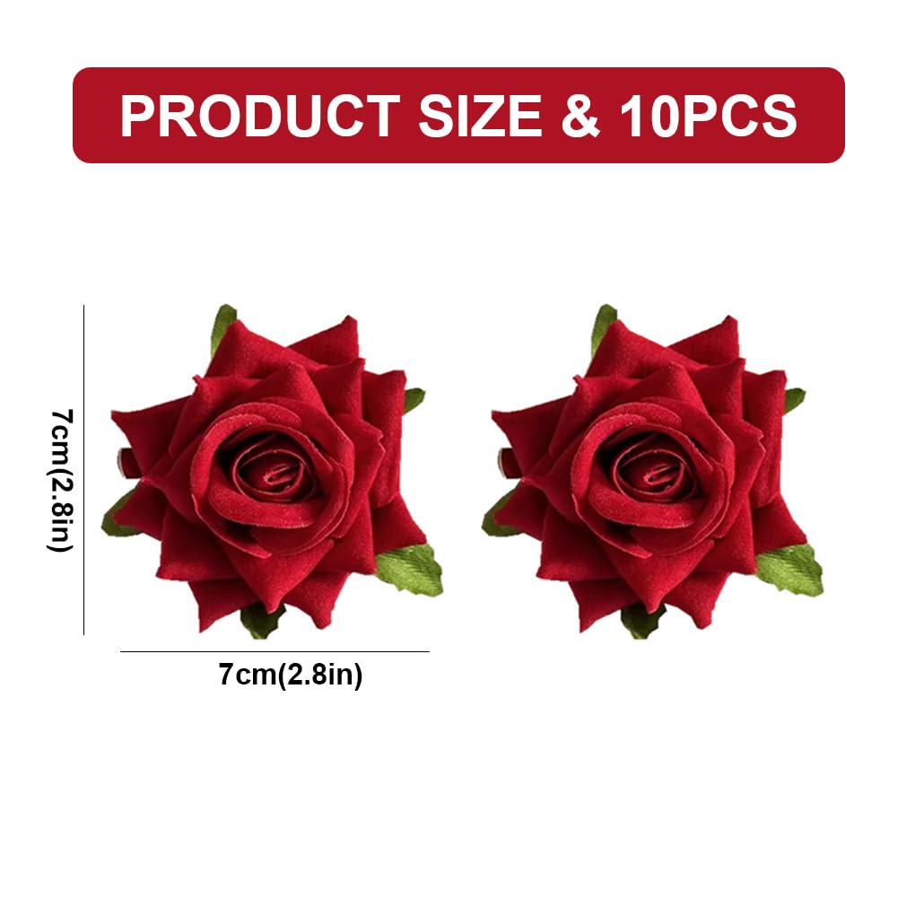 FILOEEX 10Pcs Rose Flower Hair Clip,2.8in Red Flower Hair Clips,Rose Brooch Floral Clips,Red Roses Hairpin,Flowers Hair Accessories for Women Girls Prom Party Beach Wedding Bridesmaid - Image 2