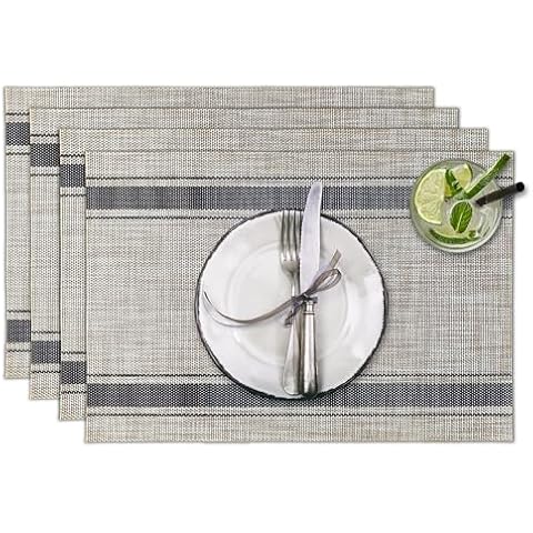 CK Home Navy French Stripe Table Placemat (18” x 12”) Set of 4, Woven Vinyl Mats for Indoor/Outdoor, Durable and Washable. Cover