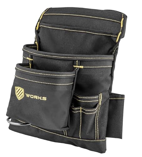 Works Tiered 10 Pocket Heavy Duty Carpenter Adjustable Tool Belt Pouch/Work Apron With Metal Hammer Loop | Quick Release Buckle | Waist Size 32 To 52 Inches #TOP1