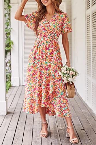 Image of PRETTYGARDEN 2023 Women's Floral Summer Dress V Neck Short Sleeve Ruffle Hem A-Line Boho Maxi Dresses
