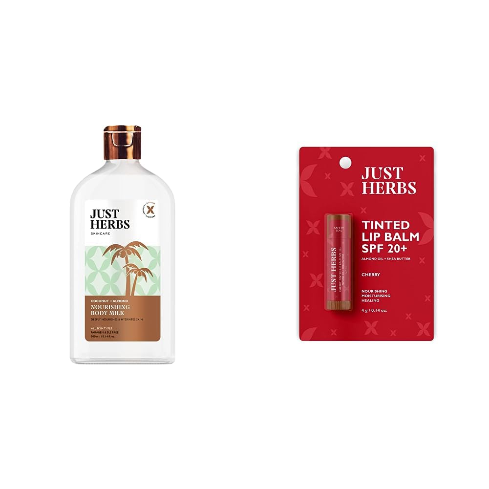 Just Herbs Body Lotion For Dry Normal & Combination Skin Nourishing Body Milk With Coconut + Almond - 300ml & Just Herbs Tinted Lip Balm 4 g (Cherry) Combo-image-46