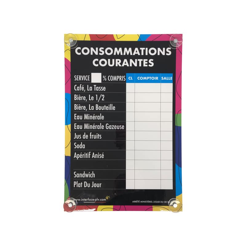 Panneau "CONSOMMATIONS COURANTES" moderne dimensions 60 x 40 cm avec fixation ventouses