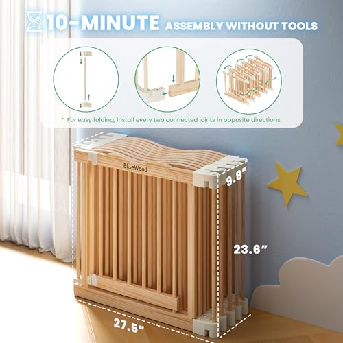 Image of Foldable Wooden Playpen - Adjustable Wood Baby Play Yard with Door, Indoor Large Safety Fence for Babies and Toddlers - Easy Assembly, Natural, 79 x 53 x 24 inches