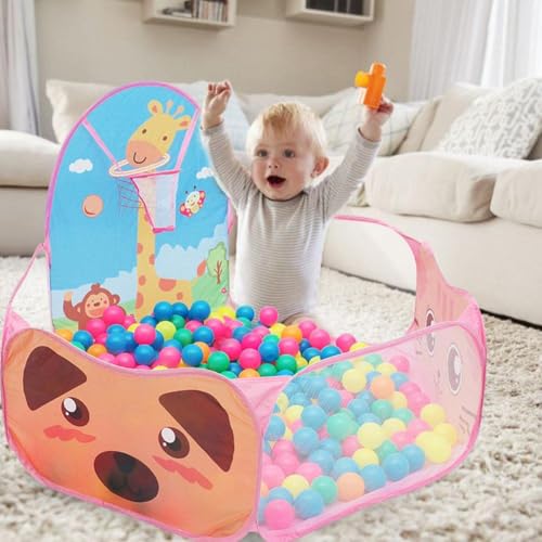 Image of BabyGo Kids Giraffe Basketball Ball Pool for Kids, Play Tent House for 2+ Year Old Girls and Boys, Ball Pit for Kid, Spacious, Lightweight, Portable & Easy to Set Up, (Pink) (with 30 Balls)
