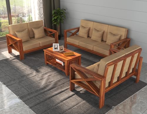 Image of Sheesham Wooden 7 Seater Sofa for Living Room | Rosewood 7 Seater Cushion Sofa X-Legs | Solid Wood Sofa Set for Lounge (3+2+2,Honey)