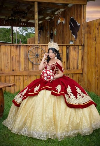 Mauuwy Off Shoulder Gold Lace Quinceanera Dresses Puffy Velvet Prom Dresses Long Ball Gown Beaded Tiered Sweet 16 Dresses3