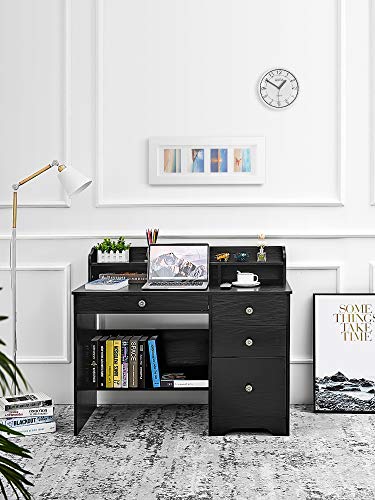 Kealive Computer Desk with 4 Drawers and Hutch Shelf, Wood Frame Home Office Desk with Spacious Desktop, Vintage Style Writing Study Table PC Laptop Notebook Desk, Black