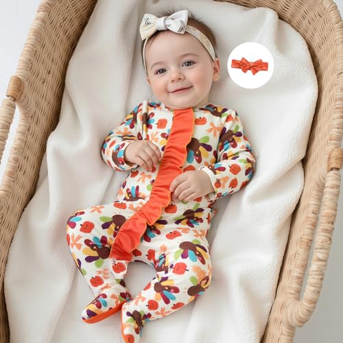 Newborn Baby Girl Thanksgiving Outfit Ruffled Turkey Print Romper Jumpsuit Infant Girl Thanksgiving Clothes 3M 6M 12M2