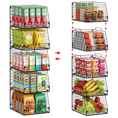 5 Pack XXL Stackable Wire Storage Basket, Extra Large Capacity Pantry Organizer and Storage...