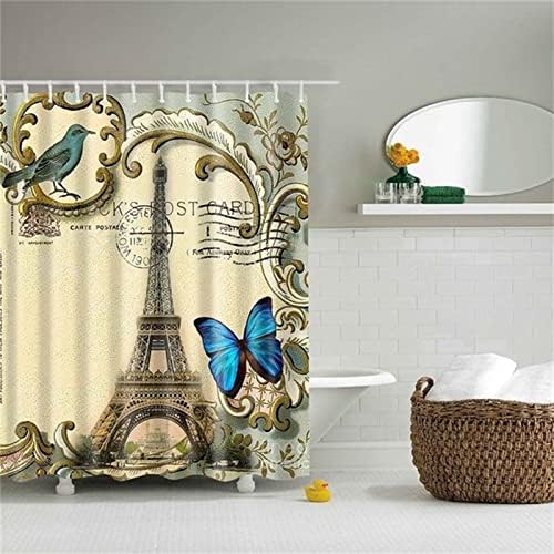 Shower Curtain for Bathroom with 12 Hooks, Weighted Hem, Polyester Fabric Waterproof Shower Curtains for Bathroom Hotel Style - Machine Washable & Waterproof - 42" x 72", Eiffel Tower Butterfly