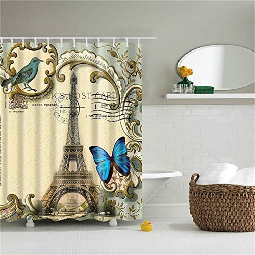 Shower Curtain For Bathroom With 12 Hooks, Weighted Hem, Polyester Fabric Waterproof Shower Curtains For Bathroom Hotel Style - Machine Washable & Waterproof - 42" X 72", Eiffel Tower Butterfly #TOP27