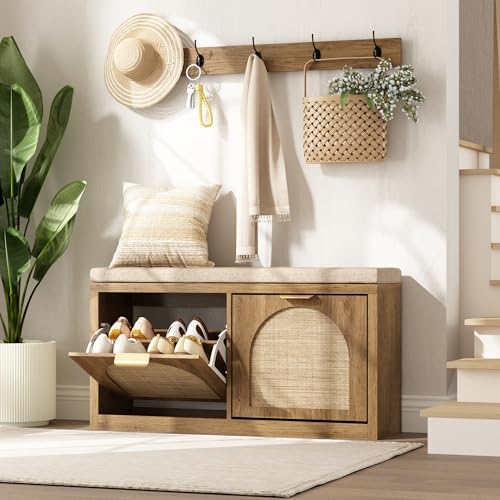 Rattan Narrow Entryway Bench with Shoe Storage, 2 Flip Drawers & Coat Rack, Mid-Century Modern Wood Shoe Cabinet with Seat Cushion for Foyer/Hallway (Rustic Oak Rattan)