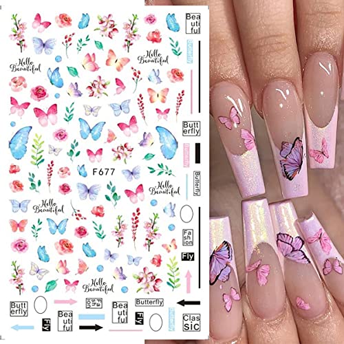 7 Sheets Butterfly Nail Art Stickers Decals 3D Self-Adhesive Colorful Flower Nail Decals Rose Blossoms Lavender Butterfly Leaf Nail Supplies For Women Girls Nail Art Diy Manicure Decorations #TOP3