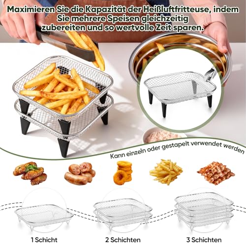 Homikit Heißluftfritteuse Zubehör, 3 Lagiges Stapelbar Edelstahl Grillrost Airfryer Zubehör mit 8 Silikonfüßen und 1 Greifklammer, Eckig Frittierkorb für Frittieren Backen, Spülmaschinenfest