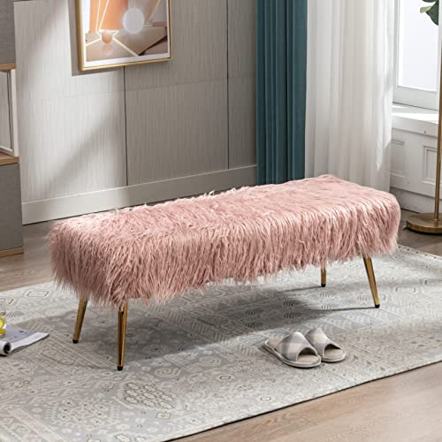 Singoulity Pink Fur Bench For Bedroom, Faux Furry Ottoman Bench, Modern Furniture Vanity Bench For Living Room Bedroom (Pink) #TOP1