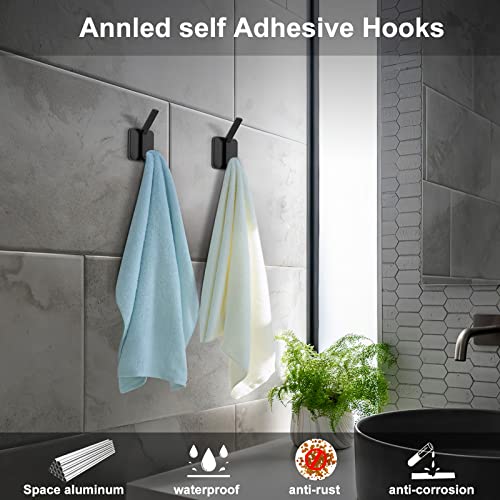 Adhesive Towel Hooks For Bathrooms，Heavy Duty Wall Hooks For Hanging Robe,Coats,Keys,Handbag,Waterproof Aluminum Sticky Hooks For Home - Black 6 Pack #TOP1