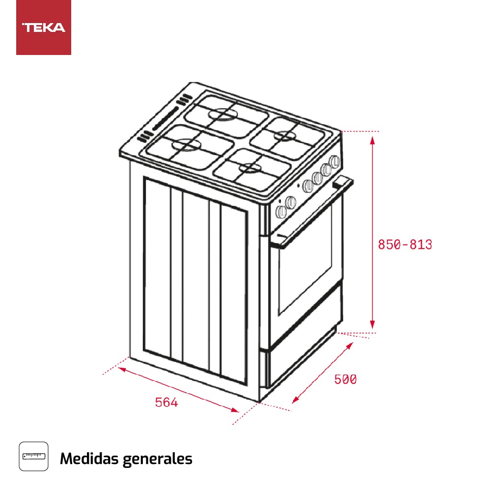 TEKA Cocina de Gas Butano 50 cm, 4 Quemadores, Horno con Grill, Mandos Metalizados, Seguridad Termopar, FS 502 4GG