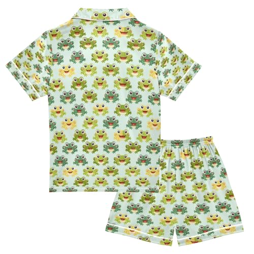 senya Green Frog Satin Summer Pajama Sets Silk Short Sleeve Button Down Sleepwear2