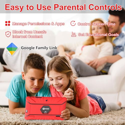Image of Contixo Kids Tablet Bundle, 7 inch Learning Tablet with Headphones, Red | 7 inch IPS display, 32GB storage, parental controls, wired headphones, durable case, learning apps, ages 3-12.