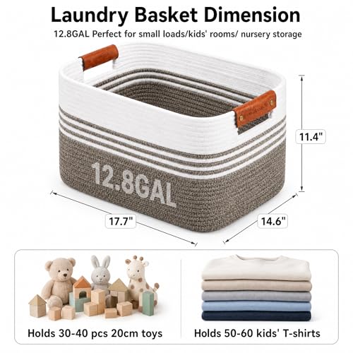 Image of Cotton Rope Laundry Basket Small, 12.8GAL Collapsible Woven Storage Baskets for Living Room Kids Toys Stuffed Animal,Boho Rectangular Decorative Short Hamper for Dirty Clothes, Blankets Dark Brown