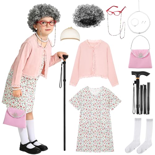 WooHand 100 Days of School Grandma Costume for Girls Kids Old Lady Costume Cosplay 100th Day of School Outfit Halloween Accessories Ages 5-7 Pink