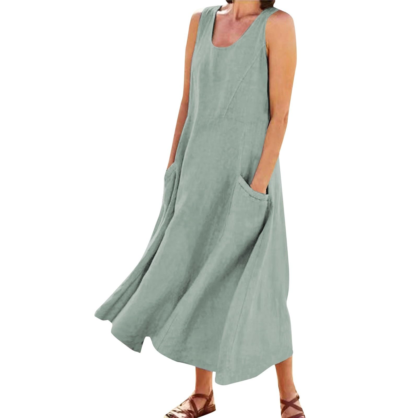 FUPODD Sommerkleider Damen Leicht Und Luftig Schwingen Tank Kleid Ärmellos Sommerkleid Damen Lang Elegant Maxikleid Damen Freizeit Locker Kleider Damen mit Taschen Strandkleid Damen Schick Einfarbig
