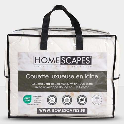 HOMESCAPES Couette Chaude en Laine Naturelle thermorégulatrice et Anti acarien, Couette 150x200...