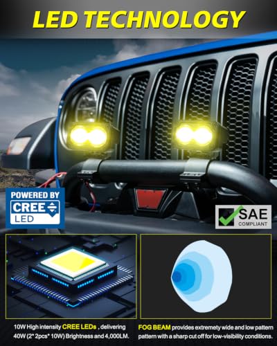 Image of 3 Inch SAE Yellow LED Fog Lights w /Wiring Harness & Black Covers | Street Legal SAE Fog Beam, High Intensity CREE LEDs, Cut-off Beam Yellow Fog Lights for Truck Motorcycle Pickup SUV Tocoma