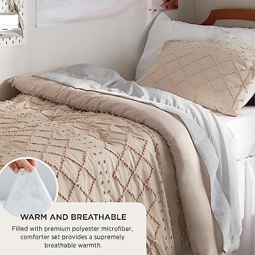 Image of Bedsure Twin Comforter Set - Warm Tan Comforter, Boho Tufted Distressed Vintage Bedding for Kids, 2 Pieces Farmhouse-Style Bed Set for All Seasons, Fluffy Soft Bedding with 1 Pillow Sham
