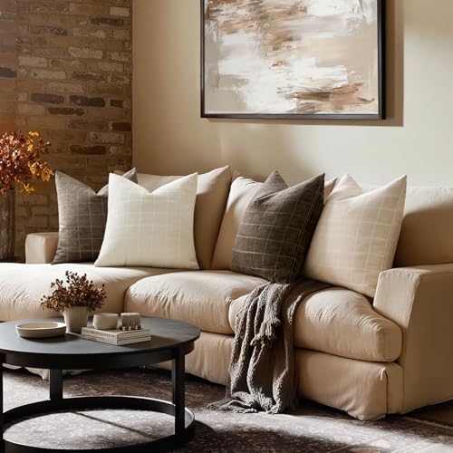 Image of MIULEE Cream Plaid Decorative Throw Pillow Covers 20x20 Set of 2 | Vintage Check Chenille Couch Pillows Neutral Boho Farmhouse Cushion Covers Modern Home Decor for Sofa Bed Living Room
