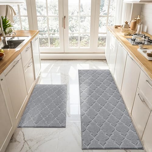 JSEI Kitchen Rugs, Non-Slip Kitchen Mats for Floor, Soft Washable Absorbent Kitchen Mats 2 Pieces, Kitchen Carpet Runner with TPR Backing, Polyester, 24”x36”+24”x60”, Light Grey