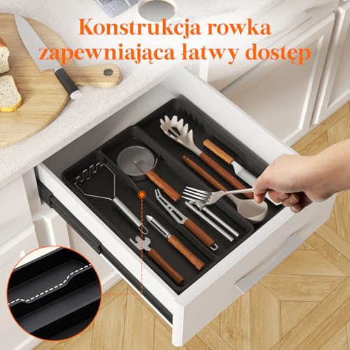 Lifewit Organizer Szuflady, Rozszerzalna Taca Kuchenna, Regulowany Uchwyt na Sztućce, Plastikowa Szpatułka, Przegroda do Przechowywania Narzędzi i Gadżetów, 3 Komory, Czarny